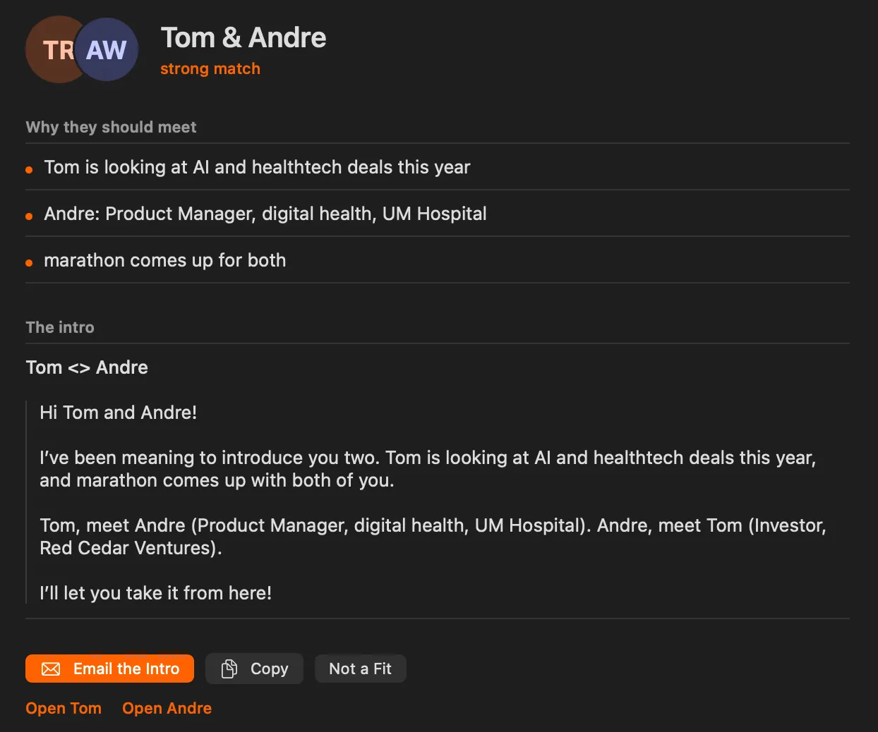 An intro Stoke found: Tom and Andre, why they should meet, and the intro written out, with an Email the Intro button.