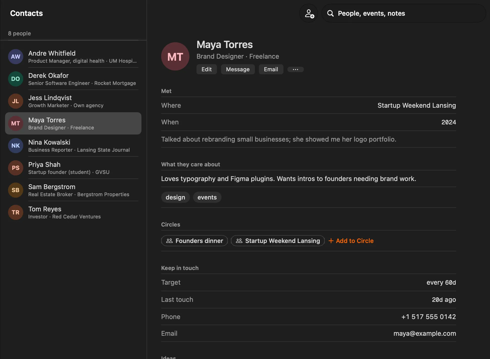 Maya Torres’s page in Stoke: where you met, your notes about her, what she cares about, her circles, and how to reach her.