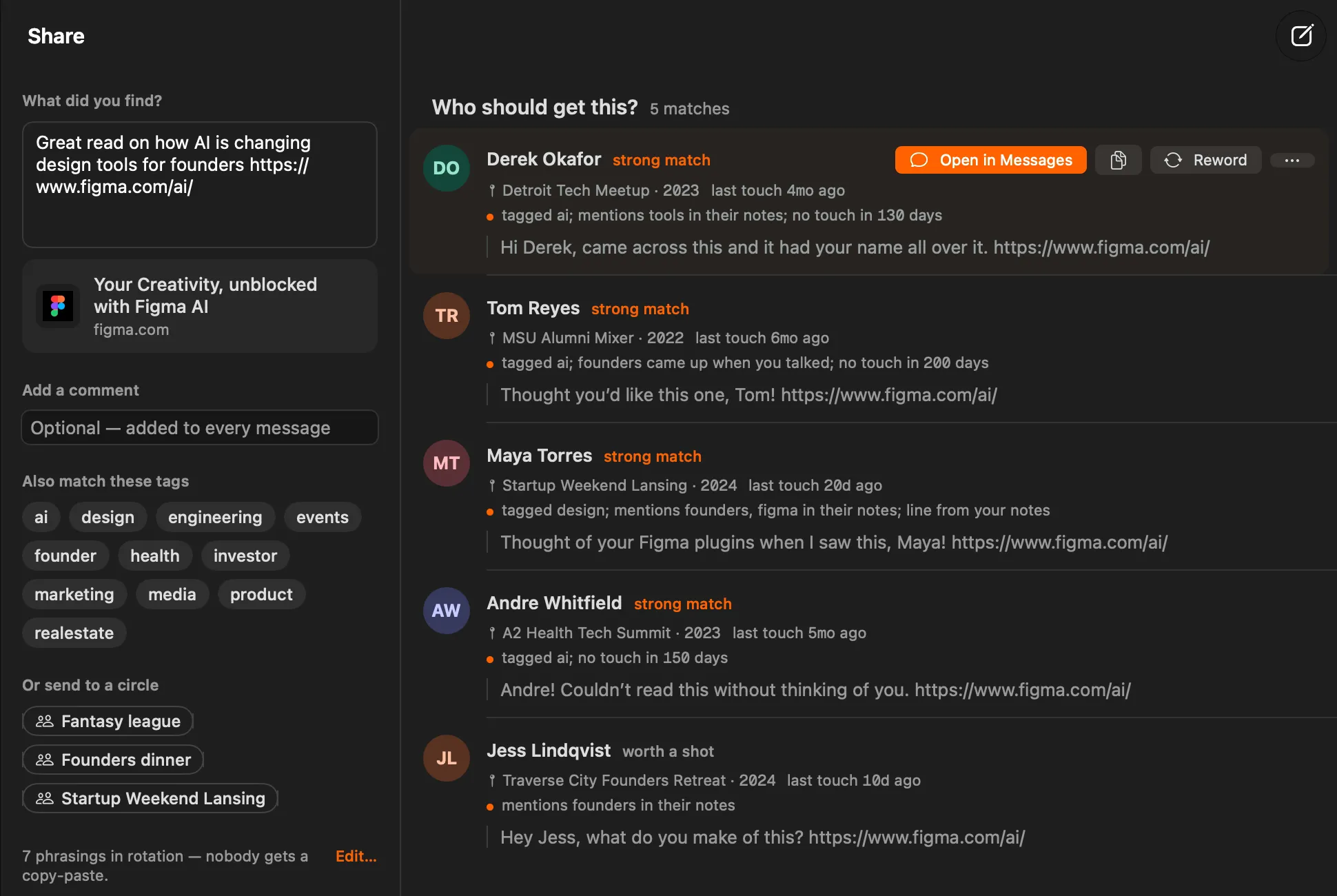 Stoke’s Share screen: a note with a Figma link, its preview, and five people ranked to receive it, each with a reason and a message ready.
