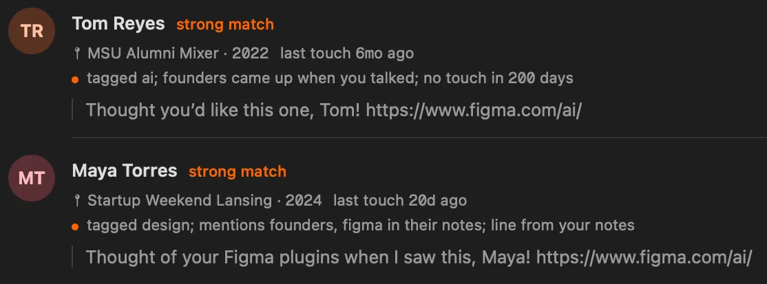 Tom Reyes and Maya Torres ranked as strong matches, each with where you met, the reason, and a message.