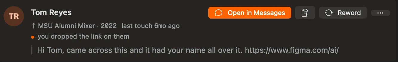 Tom Reyes with an Open in Messages button and the message ready: “Hi Tom, came across this and it had your name all over it.”